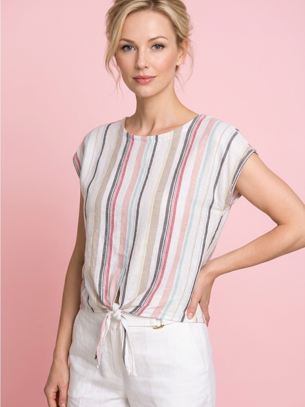 CHARLIE B Linen Blend Pastel Striped Cropped Tie-Front Cap Sleeve Shirt-M